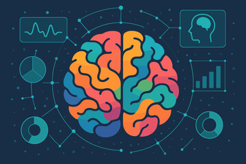 Colorful brain analysis infographic for medical technology and neuroscience research. Concept for neurology diagnostics, mind mapping, data visualization, and mental health. Vector.