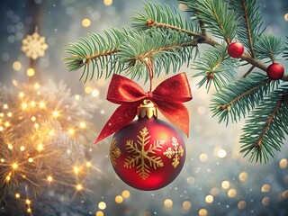 A red christmas ball ornament with a snowflake design hangs from a tree branch, adorned with a red bow