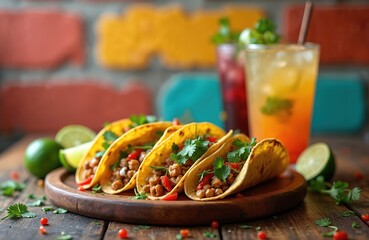 Delicious Mexican tacos with fresh ingredients. Served with citrus cocktails on rustic brick background. Traditional cuisine with various fillings. Perfect for advertising, restaurant menu food blog.