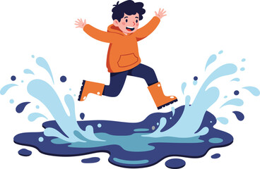 Child jumping energetically into water puddle wearing orange rain boots and jacket for playful outdoor fun 