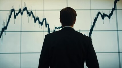 Businessman giving a presentation with data visualizations on a large screen, Man presenting financial data analysis on a large curved screen in a modern meeting room, Data Driven - Powered by Adobe