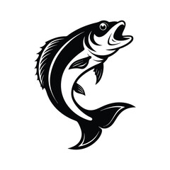 Powerful black and white illustration of a walleye fish jumping up on a white background