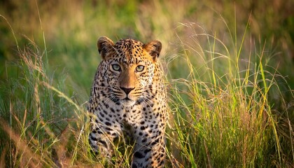 Fototapeta premium intense encounter a leopard s gaze emerges from verdant grasses of the savannah
