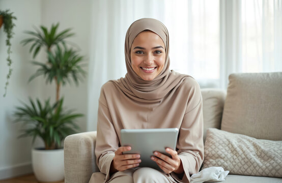 Smiling Arabian woman in hijab using tablet sitting on sofa. Modern technology at home, online communication, smart home, remote work. Female browsing internet, shopping watching media content.