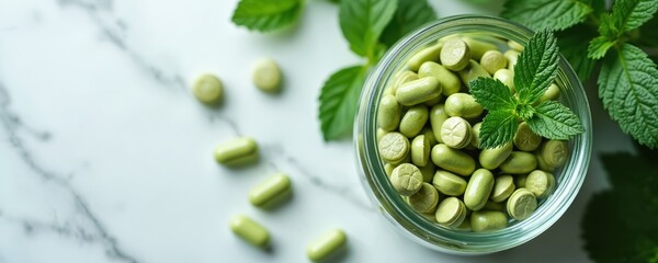 Glass jar filled green pills with mint leaves. Healthy supplements. Vitamin, herbal medicine, alternative treatment. Wellness, organic dietary supplements, health, well-being, botanical, homeopathic