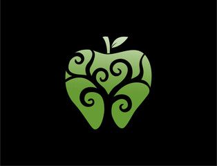 Green apple logo with intricate swirls