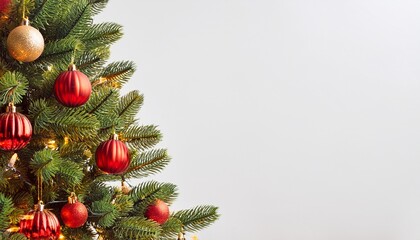 elegant christmas tree decorated with red ornaments and golden lights on white background with copy space