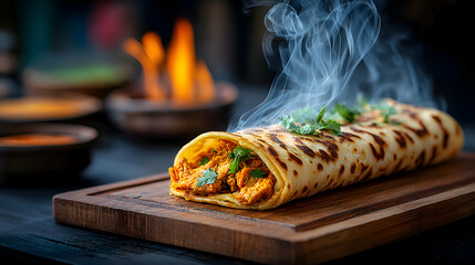Obraz premium Side angle of butter chicken naan roll with melted cheese oozing out, blurred traditional Indian street food stall