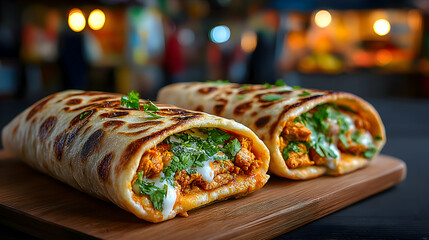 Side angle of butter chicken naan roll with melted cheese oozing out, blurred traditional Indian street food stall