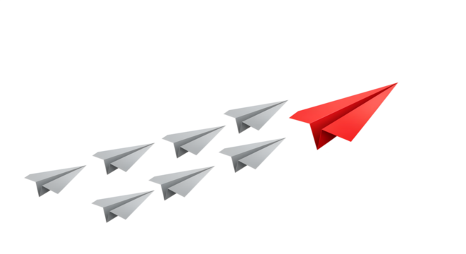 Red paper plane leading gray ones in a concept of leadership  