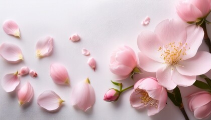 a serene and artistic composition featuring delicate pink flowers and petals on a white textured background evoking a sense of tranquility beauty and minimalist elegance
