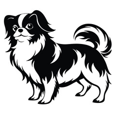 Elegant Japanese Chin Dog Illustration Standing Tall with a Fluffy Tail and Distinctive Black and White Markings