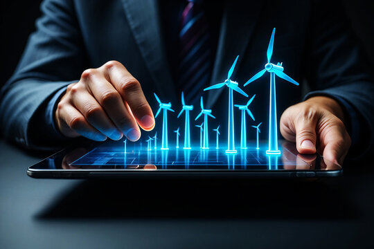 Person interacting with digital wind turbines wind energy renewable energy