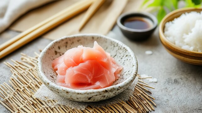 Close up of pickled ginger sushi with rice and soy sauce for japanese cuisine food photo