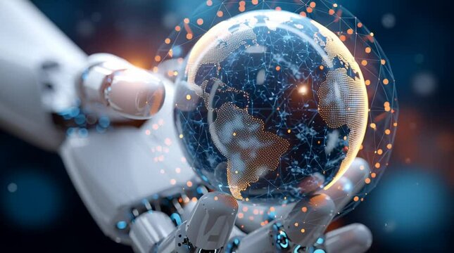 A robotic arm holding a glowing rotating globe of the Earth with a digital network. Represents artificial intelligence, global networking, innovation, data networks and future technologies.           