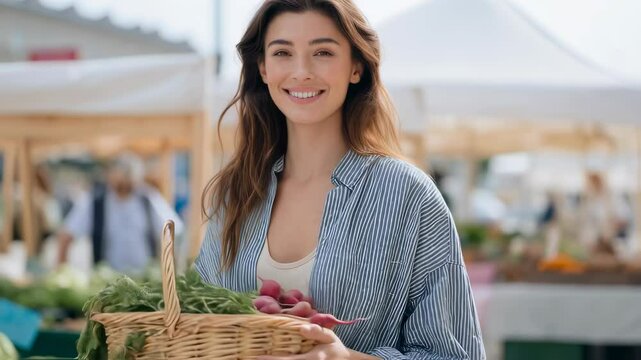 Woman shopping at outdoor farmers market with basket of fresh produce. Local food, healthy eating, and sustainable agriculture concept. Community supported agriculture. - Powered by Adobe