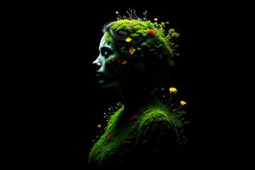 Woman covered in moss and flowers green yellow