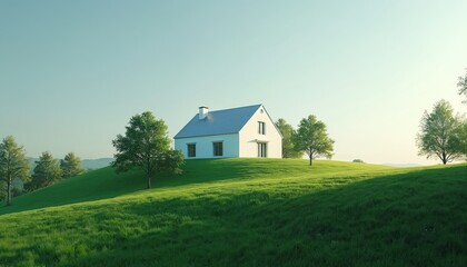 Obraz premium White house sits atop green hill under clear sky. Trees frame residence, idyllic countryside landscape. Peaceful setting, suburban home exterior. Minimalist design emphasizes serenity.