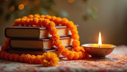 Stack of sacred books decorated with marigold garland, diya. Holy Indian objects used for worship, prayer, spiritual ritual. Focus on faith, religion, culture, traditional ceremony, devotion in