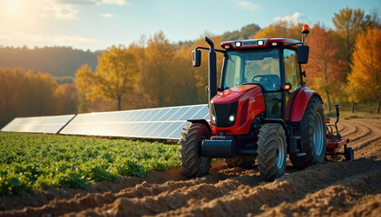 Obraz premium Electric tractor plows farm field. Solar panels charge battery showing commitment to eco-friendly agriculture. Sustainable farming practices shown. Green technology innovation harvests solar energy.