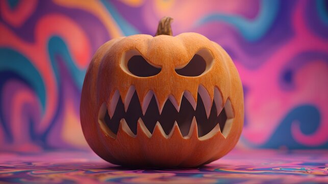 Surreal Animated Carved Pumpkin with a Distinct Unpleasant Face, Sharpened Jagged Teeth and a Comical Grim Scowl Set in a Funky Whimsical Backdrop