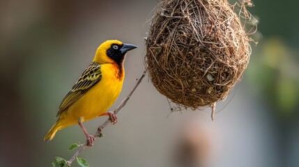 Vivid depiction of a southern masked weaver building its signature hanging nest masterpiece, blending natural engineering with refined artistic craftsmanship