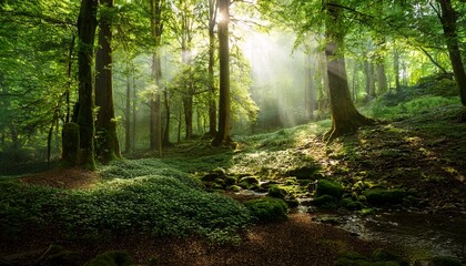 Obraz premium mysterious forest with lush green foliage and soft light rays
