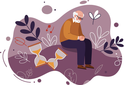 Elderly man sitting with hourglass and dragonfly symbolizing time and reflection in abstract purple background 