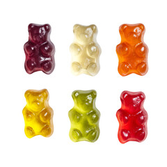 A close-up view of a collection of colorful gummy bears in various flavors