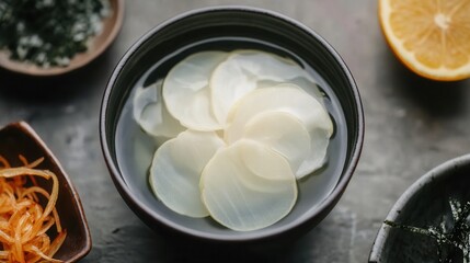 Close up of daikon radish slices in bowl with orange and seaweed salad preparation food