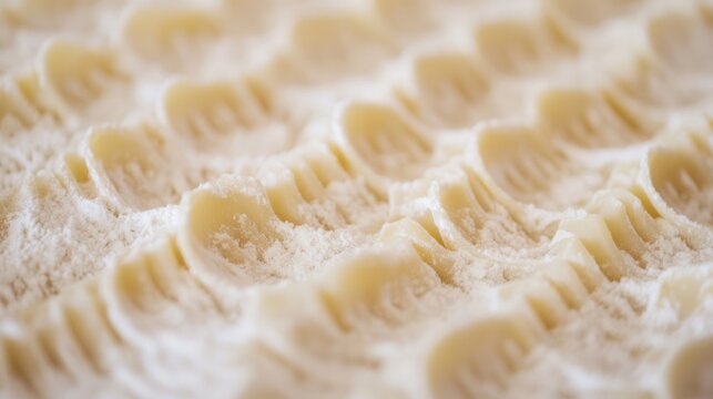 Close up of fresh homemade orecchiette pasta with flour for italian food background concept