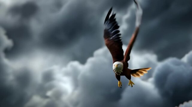 Majestic bald eagle taking flight in stormy weather.