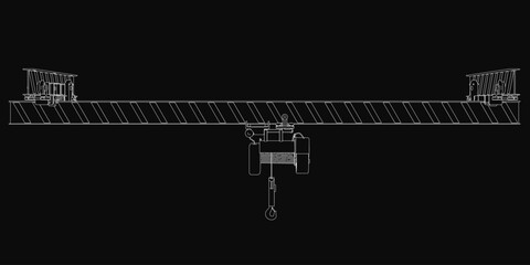 A single girder overhead crane stands out against a black background in this detailed technical drawing. The illustration highlights the crane's robust structure, precise mechanical components.