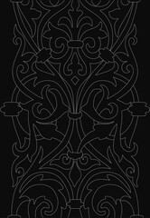 Intricate black and white floral design with detailed ornamentation stands out against a dark background. The decorative pattern features delicate curves and contrasting shapes.