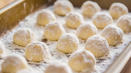 Fototapeta premium Delicious snowball cookies recipe, easy homemade baking treats with powdered sugar dusting
