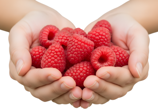 Hands cupping handful of ripe red raspberries, fresh and juicy, isolated on transparent background, summer fruit, healthy food, natural harvest - Powered by Adobe
