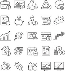 Collection of modern thin line icons representing financial concepts including investments savings taxes charts and market analysis tools