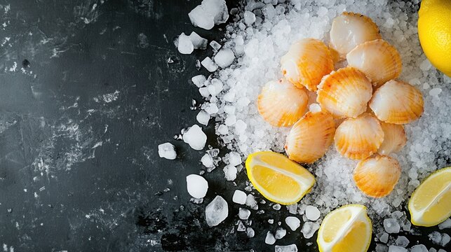 Fresh scallops on ice with lemon slices seafood delicacy gourmet cuisine restaurant dish