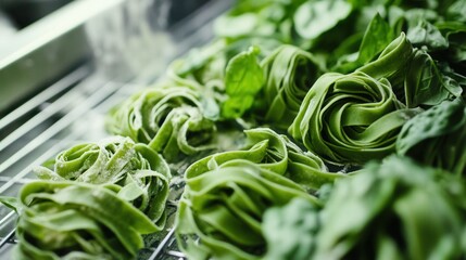 Fresh spinach pasta fettuccine nests delicious italian cuisine gourmet healthy food closeup view