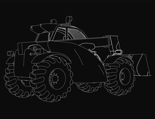 Naklejka premium A detailed black and white drawing of a tractor with large wheels and a prominent cab, set against a stark black background. The high contrast highlights the intricate mechanical details.