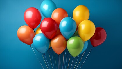 a cluster of vibrant balloons in various colors including red blue green yellow and orange against a solid blue backdrop