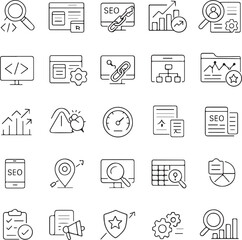 Collection of outline icons representing search engine optimization analytics website development data analysis and business growth strategies