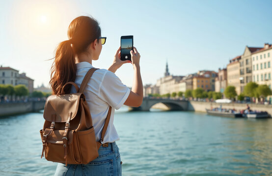Young woman uses smartphone to take photo of river, European city. Female tourist wears casual outfit, backpack, captures travel memories. Modern tech, content sharing, social media, online, blogging.
