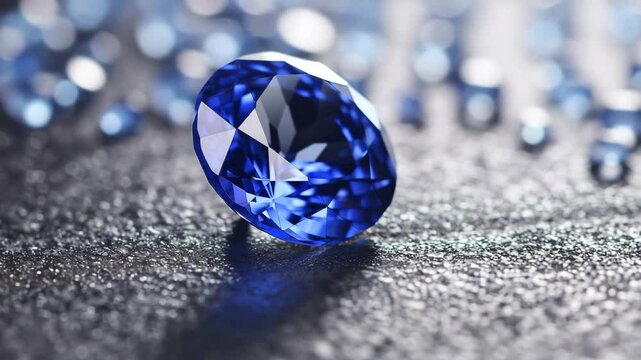 Sparkling blue gemstone showcases brilliance and clarity against a backdrop of smaller gems in a well-lit setting