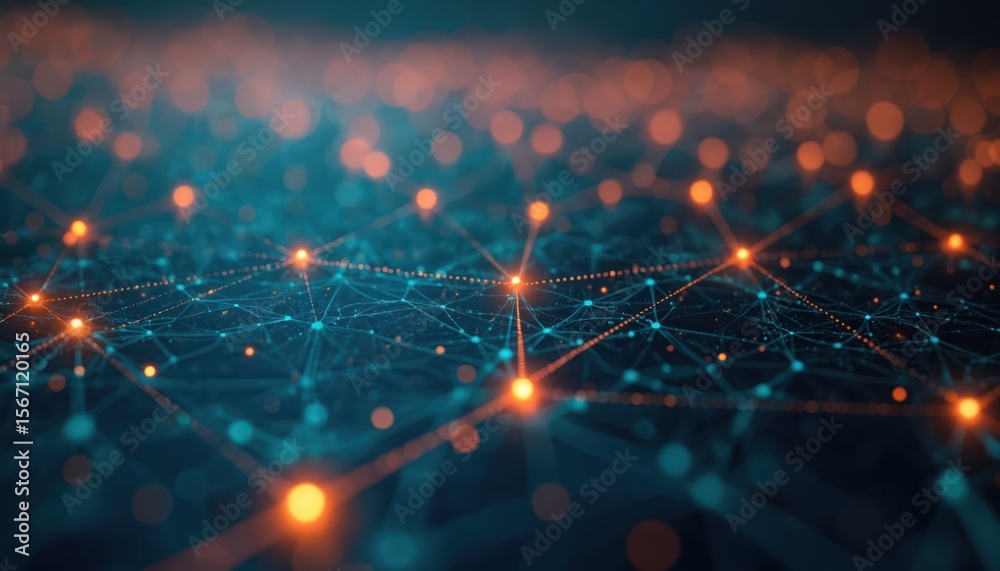 Poster abstract illustration representing neural network connection. glowing lines connect dots data flow, 