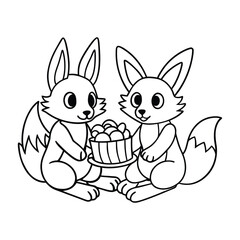 A fox and bunny having a friendly picnic together outside for kids coloring book vector illustration.
