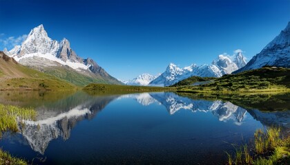 Fototapeta premium beautiful peaceful landscape image of a tranquil lake reflecting majestic mountains beneath a clear blue sky