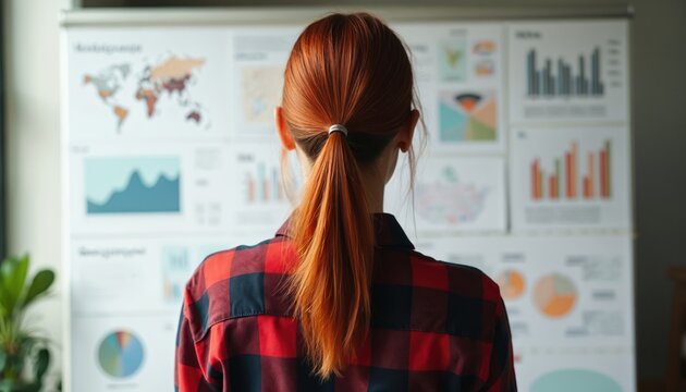 Businesswoman analyzes charts, graphs on presentation board. Woman wearing red plaid shirt plans project. Modern office with natural lighting. Strategy, planning, workflow, marketing, data analysis, - Powered by Adobe