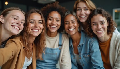 Fototapeta premium Group of diverse young women smile. Female friendship, happy faces show positive emotion. Teamwork, support, happiness, collaboration, joy, diversity, connection.