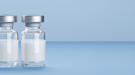 Two vials of a white liquid stand on a light blue background. The liquid in the clear vials appears milky. The vials are in a clean, clinical setting.